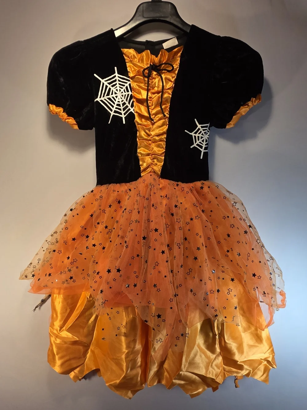 NEW Poshetion Witch Costume Cosplay LightUp Orange Dress Girls L 10/12 Broom Hat
